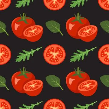 Seamless pattern with tomatoes and leaves of spinach, arugula on black Stock Illustration