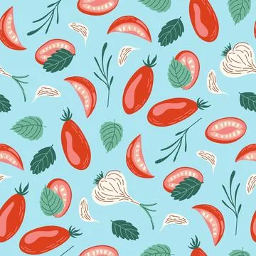 Seamless pattern of tomatoes, garlic, basil and herbs on blue backdrop Stock Illustration