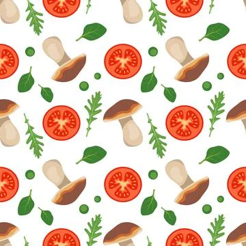 Seamless pattern with tomatoes, mushrooms, arugula and spinach leaves Stock-Illustration