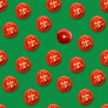 Seamless Pattern Tomatoes Slices with one full tomato Stock Photos