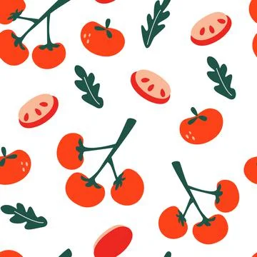 Seamless pattern with tomatoes. Tomatoes on a branch, tomato slices and leave Stock Illustration