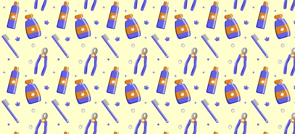 Seamless pattern with tools and supplies. Colorful background for grooming salon Stock Illustration