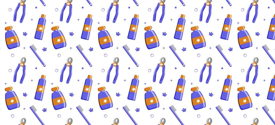 Seamless pattern with tools and supplies. Colorful background for grooming salon Stock Illustration