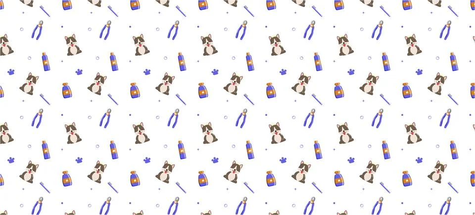 Seamless pattern with tools and supplies. Colorful background for grooming salon Stock Illustration