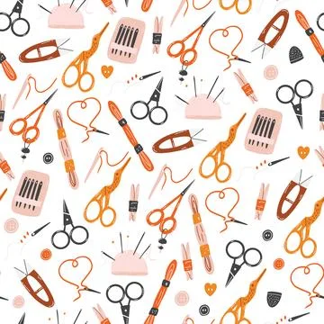 Seamless pattern with tools for embroidery, sewing, needlework. Hand drawn fl Stock Illustration