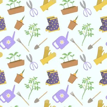 A seamless pattern with tools for garden and plants. Stock Illustration