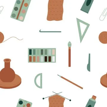 Seamless pattern with tools for hobbies and crafts. Flat style. Vector. Stock Illustration