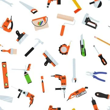 Seamless pattern with tools for repair.Roller, brush, paint, pencil, tool, ha Stock Illustration