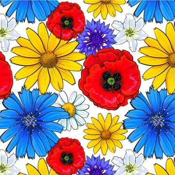 Seamless pattern of top view wild and garden flowers 스톡 일러스트
