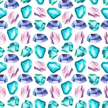 Seamless pattern of topaz, aquamarine, amethyst and sapphire watercolor Stock Illustration