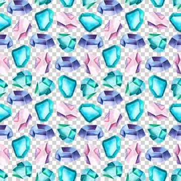Seamless pattern of topaz, aquamarine, amethyst and sapphire watercolor on white Stock Illustration