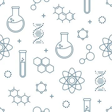 Seamless pattern on the topic of chemistry with flasks, test tubes, molecules Stock Illustration