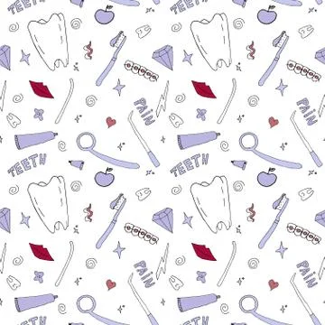 Seamless Pattern on the topic of dentistry. Vector illustration. Teeth care.  Stock Illustration