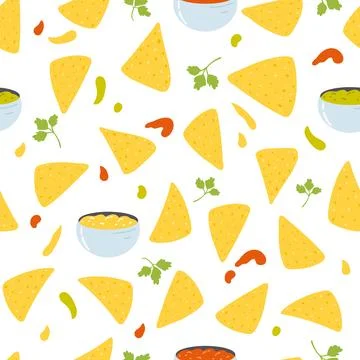Seamless pattern with tortilla chips in cartoon flat style. Hand drawn vector Stock Illustration