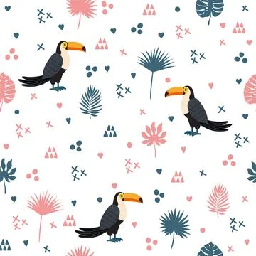 Seamless pattern with toucan and leaves. Cute background with decorative el.. Stock Illustration