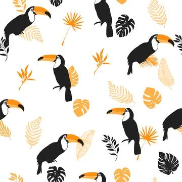 Seamless pattern with toucan and palm leaves Stock Illustration