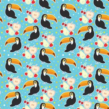 Seamless pattern Toucan Bird and the apple pear strawberry cherry on blue bac 스톡 일러스트