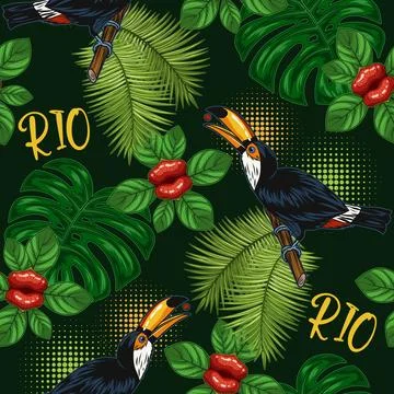 Seamless pattern with toucan, tropical vegetation, halftone shapes. Stock Illustration