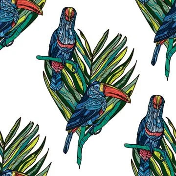 Seamless pattern with toucans and tropical leaves. Stock Illustration