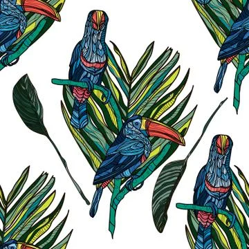 Seamless pattern with toucans and tropical leaves. Stock Illustration