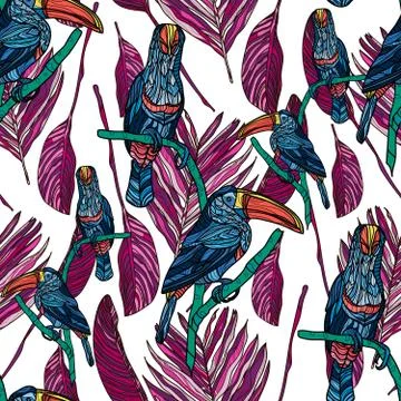 Seamless pattern with toucans and tropical leaves. Stock Illustration