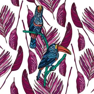 Seamless pattern with toucans and tropical leaves. Stock Illustration