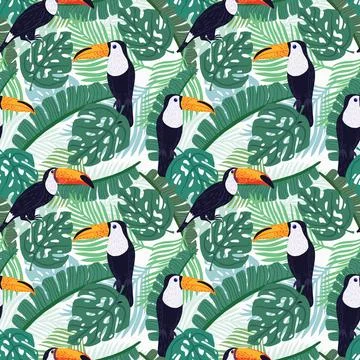 Seamless pattern toucans on botanical background. Abstract texture decoration イラスト素材