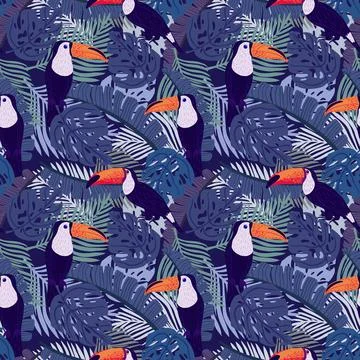 Seamless pattern toucans on botanical background. Abstract texture decoration Stock-Illustration