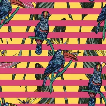 Seamless pattern with toucans, tropical leaves and pink stripes. Stock Illustration