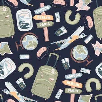 Seamless pattern with tourist items. Endless background with luggage, airpl.. Stock Illustration