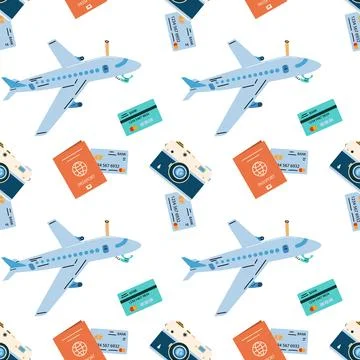 Seamless pattern with touristic items luggage, tickets and plane Illustrazione stock