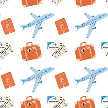 Seamless pattern with touristic items luggage, tickets and plane Illustrazione stock