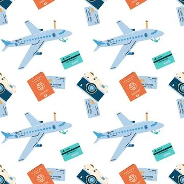 Seamless pattern with touristic items luggage, tickets and plane Illustrazione stock