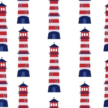Seamless pattern of towers. The navigation object is a lighthouse. Vector i.. Stock Illustration