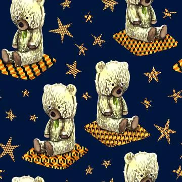 Seamless pattern of a toy bear in the starry sky Stock Illustration