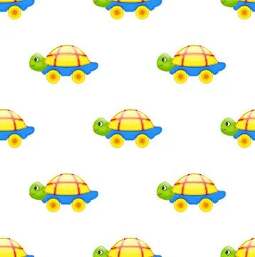 Seamless Pattern with Toy Turtle on Wheels Isolated イラスト素材