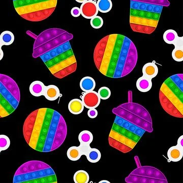 Seamless pattern of toys on a black background with different toys. Stock Illustration