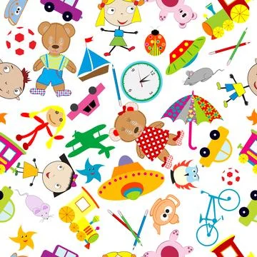 Seamless pattern with toys on white background Stock Illustration