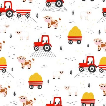 Seamless pattern with tractors and haystacks, cows and sheeps in childish car Stock Illustration