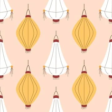 Seamless pattern of traditional Chinese lantern in yellow and white on a soft Stock Illustration
