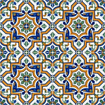 Seamless Pattern of Traditional Mediterranean Ceramic Tiles with Blue, Yellow Stock Photos