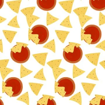 Seamless pattern with traditional nachos corn chips and tomato sauce in cartoon Stock Illustration