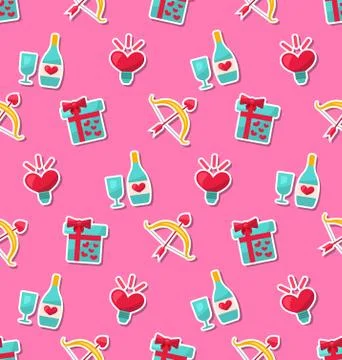 Seamless Pattern with Traditional Objects and Elements for Valentines Day Stock Illustration