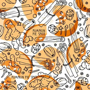 Seamless pattern with traditional pumpkin spices. Autumn backdrop Hand drawn Stock Illustration