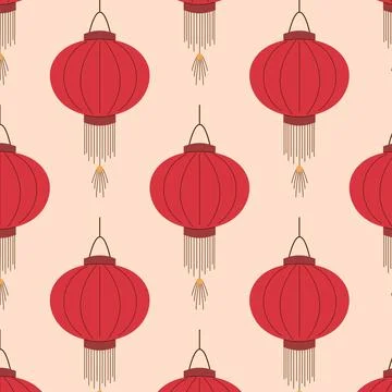 Seamless pattern with traditional red Chinese lantern on a soft beige background Stock Illustration