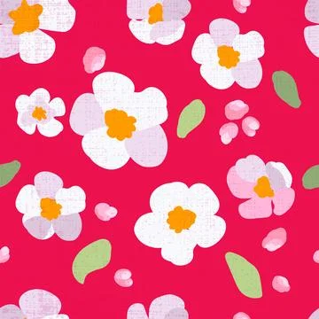 Seamless pattern traditional sakura flowers red background Texture hand drawn Stock Illustration
