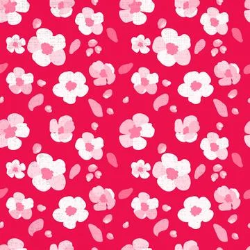 Seamless pattern traditional sakura flowers red background Texture hand drawn Stock Illustration