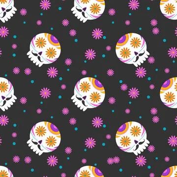 Seamless pattern with traditional sugar Mexican skull. Day of the dead skull. Stock Illustration