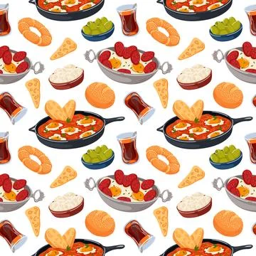 Seamless pattern with traditional Turkish breakfast, tea, eggs, sausage, bread Stock Illustration