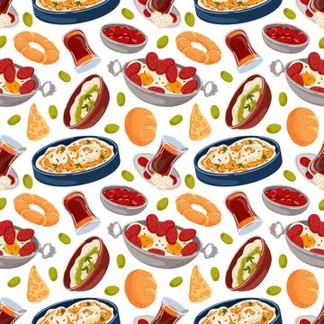 Seamless pattern with traditional Turkish breakfast dish tea, poached eggs Stock Illustration